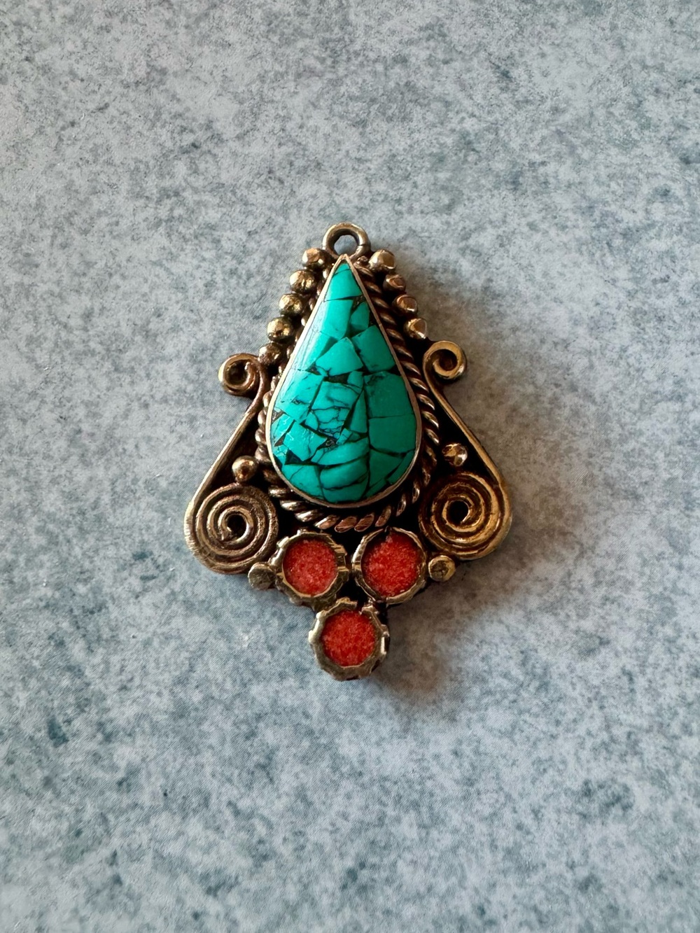 Turquoise Teardrop Pendant with Coral Accents - Jewelry Set in 925 Silver